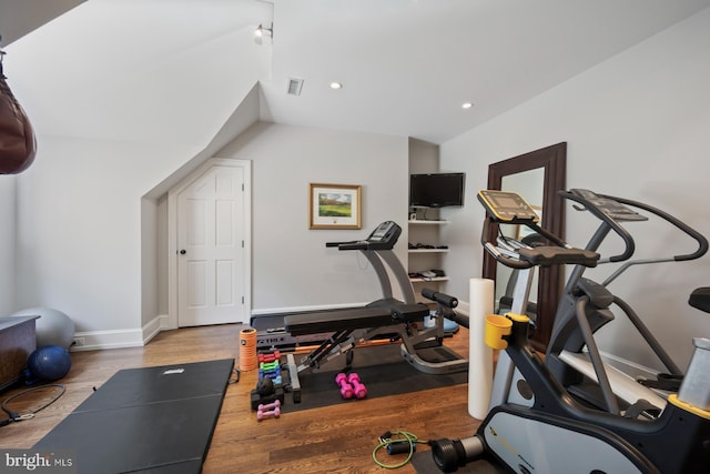 1660 Mount Pleasant Rd, Villanova, PA 19085 - workout area with wood finished floors, visible vents, baseboards, lofted ceiling, and recessed lighting