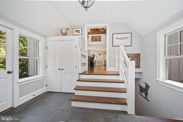1660 Mount Pleasant Rd, Villanova, PA 19085 - stairway with baseboards, stone finish floor, and vaulted ceiling