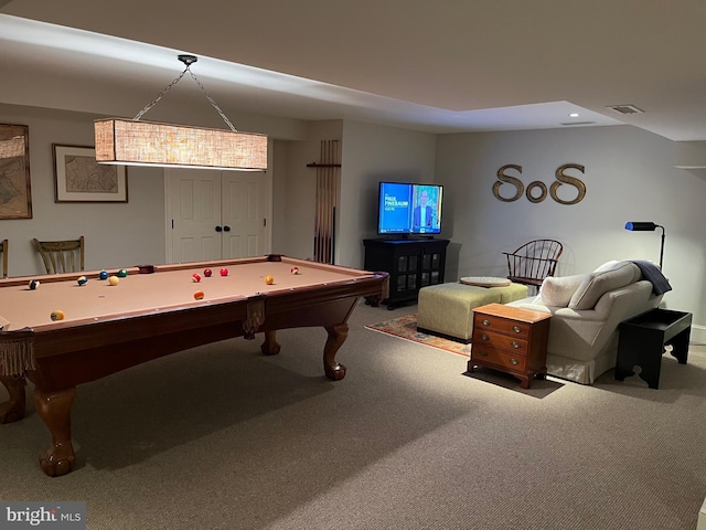 1660 Mount Pleasant Rd, Villanova, PA 19085 - recreation room with recessed lighting, billiards, visible vents, and carpet floors