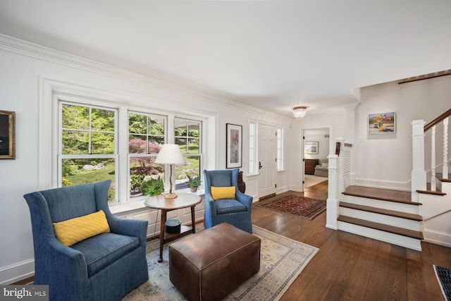 1660 Mount Pleasant Rd, Villanova, PA 19085 - living area featuring stairway, crown molding, baseboards, and wood finished floors