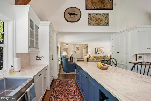 1660 Mount Pleasant Rd, Villanova, PA 19085 - kitchen featuring blue cabinets, dark wood finished floors, open floor plan, glass insert cabinets, and white cabinets