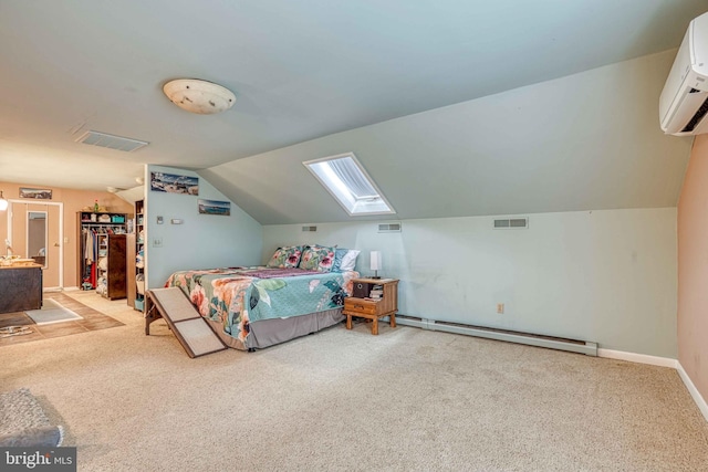 14957 Cherry Ln, Ridgely, MD 21660 - bedroom with a baseboard radiator, carpet, a wall unit AC, lofted ceiling, and baseboards