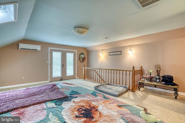 14957 Cherry Ln, Ridgely, MD 21660 - carpeted bedroom with a wall mounted air conditioner, access to outside, lofted ceiling, french doors, and baseboards