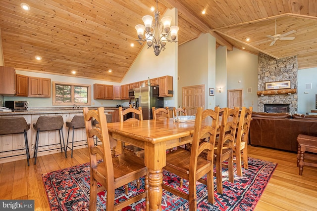165 Westward Way, Mc Henry, MD 21541 - dining room with high vaulted ceiling, wooden ceiling, light wood-style flooring, and a fireplace