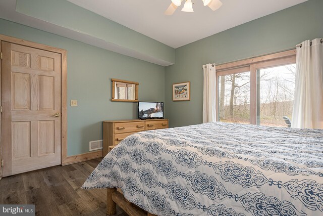 165 Westward Way, Mc Henry, MD 21541 - bedroom with ceiling fan, access to exterior, visible vents, dark wood finished floors, and baseboards