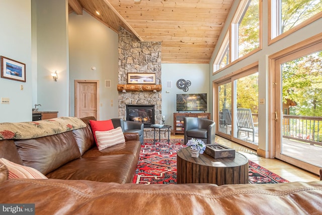 165 Westward Way, Mc Henry, MD 21541 - living room featuring wooden ceiling, high vaulted ceiling, a stone fireplace, and wood finished floors