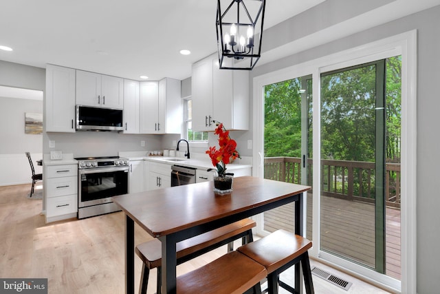 kitchen featuring visible vents, light countertops, white cabinetry, a sink, and appliances with stainless steel finishes