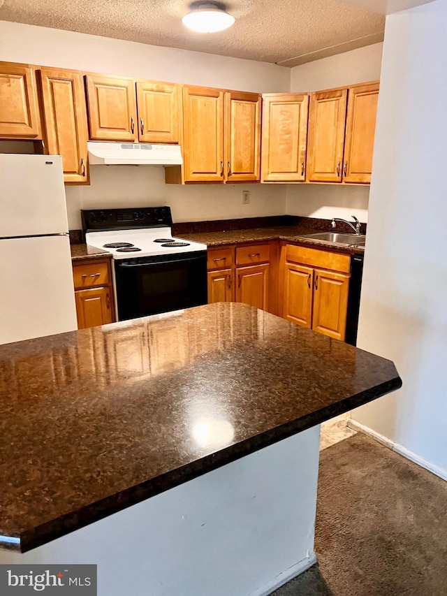 338 Saybrook Ln, Wallingford, PA 19086 - kitchen featuring electric range, under cabinet range hood, freestanding refrigerator, a sink, and dark countertops