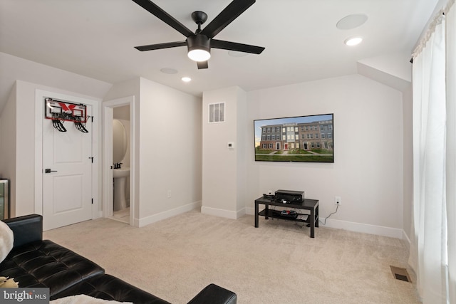 17303 Turnstone Dr, Dumfries, VA 22026 - living room with a ceiling fan, carpet floors, baseboards, and recessed lighting