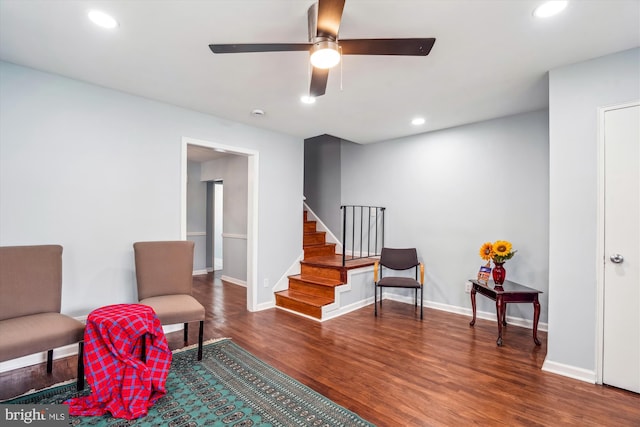 6023 20th Ave, Hyattsville, MD 20782 - sitting room featuring wood finished floors, ceiling fan, recessed lighting, stairway, and baseboards