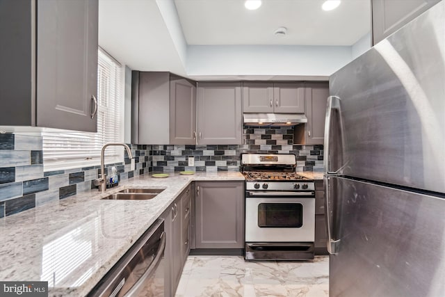 6023 20th Ave, Hyattsville, MD 20782 - kitchen with appliances with stainless steel finishes, gray cabinets, a sink, light marble finish floors, and recessed lighting
