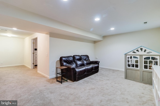 interior space with carpet, baseboards, visible vents, and recessed lighting