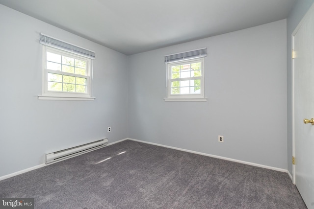 carpeted empty room featuring baseboards and a baseboard heating unit