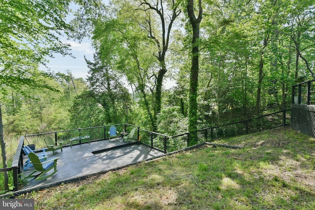 view of yard with a wooden deck and fence
