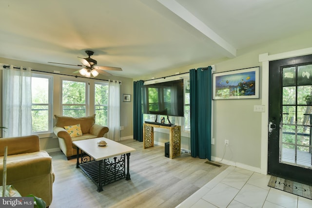 living room featuring ceiling fan and baseboards