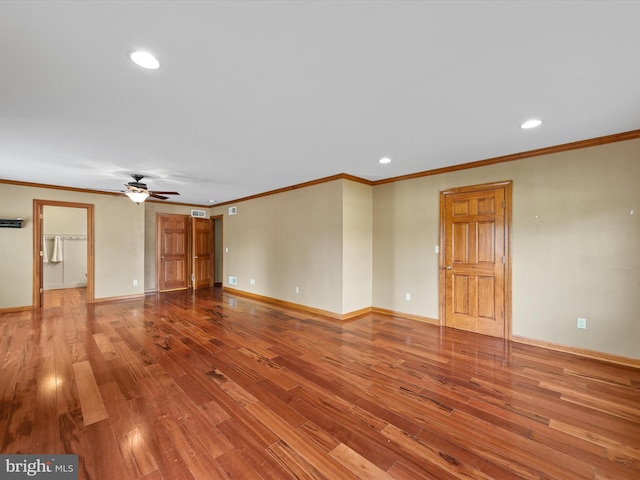 12553 Fawn Dr, Laurel, DE 19956 - unfurnished living room with recessed lighting, wood finished floors, ceiling fan, baseboards, and ornamental molding