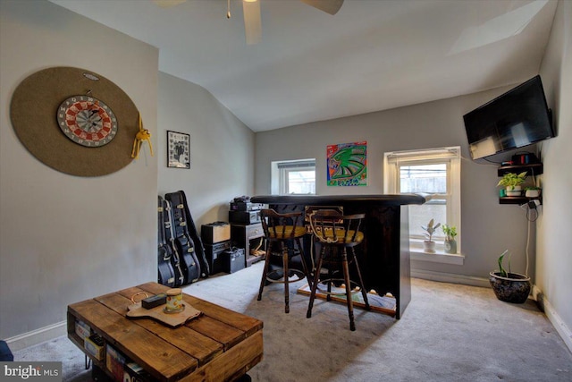 4324 Cresson St, Philadelphia, PA 19127 - carpeted dining area featuring baseboards, a dry bar, ceiling fan, and lofted ceiling