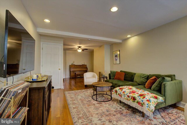 4324 Cresson St, Philadelphia, PA 19127 - living room featuring beam ceiling, a ceiling fan, recessed lighting, and wood finished floors