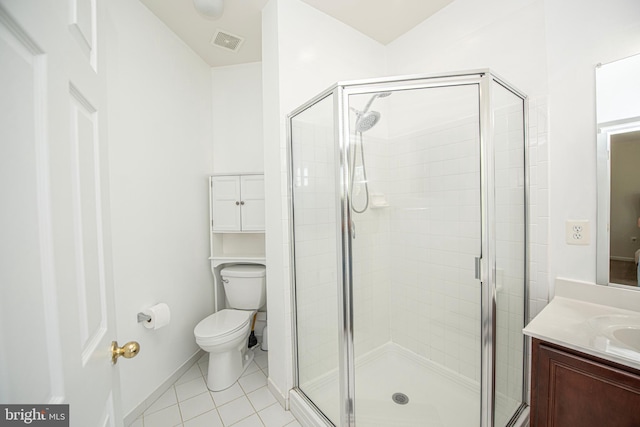 full bathroom featuring tile patterned floors, a shower stall, toilet, and visible vents