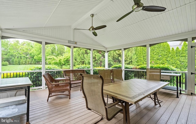 sunroom / solarium featuring outdoor dining area, ceiling fan, and a wealth of natural light