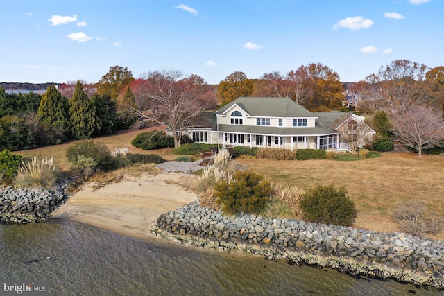 286 Waterbury Rd, Kilmarnock, VA 22482 - back of house with a water view, a yard, and covered porch