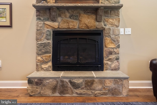 details featuring baseboards, wood finished floors, and a stone fireplace