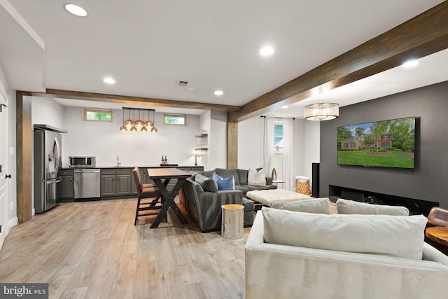 12019 Wandabury Rd, Oakton, VA 22124 - living area featuring recessed lighting, light wood-style floors, beam ceiling, and bar with sink