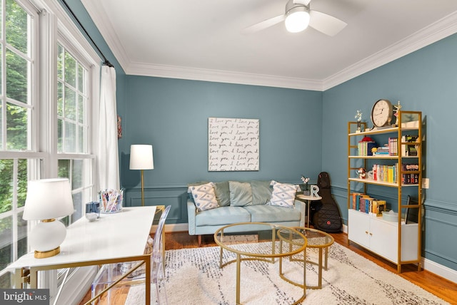 12019 Wandabury Rd, Oakton, VA 22124 - home office featuring crown molding, wood finished floors, ceiling fan, and baseboards