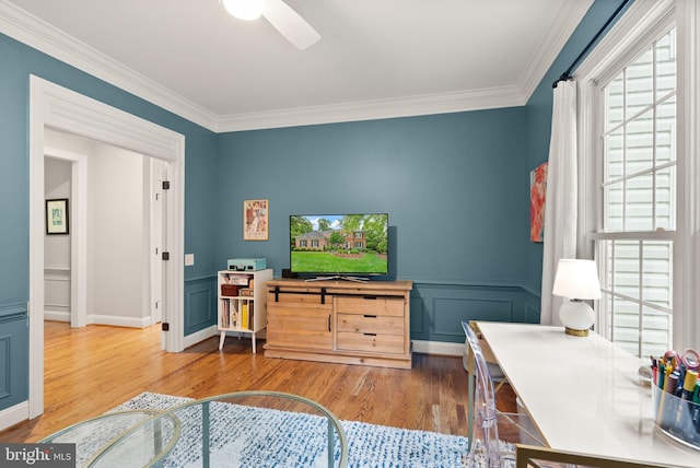 12019 Wandabury Rd, Oakton, VA 22124 - living area with crown molding, wood finished floors, a ceiling fan, and baseboards