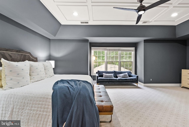 12019 Wandabury Rd, Oakton, VA 22124 - bedroom featuring coffered ceiling, recessed lighting, carpet, baseboards, and ceiling fan