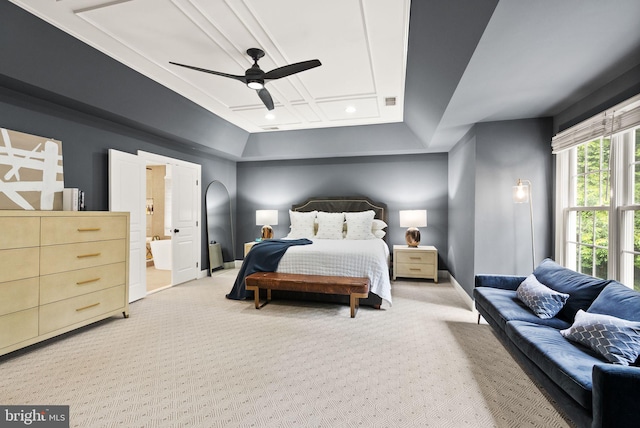 12019 Wandabury Rd, Oakton, VA 22124 - bedroom with light carpet, baseboards, recessed lighting, connected bathroom, and ceiling fan