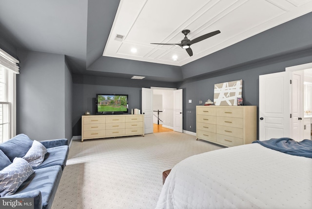 12019 Wandabury Rd, Oakton, VA 22124 - bedroom with light colored carpet, baseboards, recessed lighting, and a ceiling fan