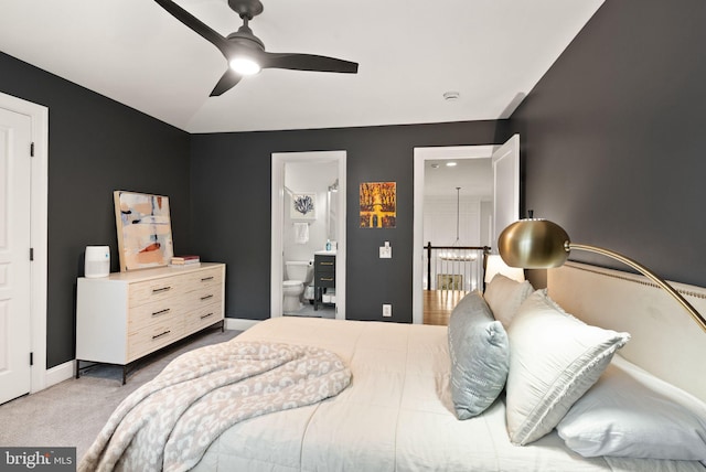 12019 Wandabury Rd, Oakton, VA 22124 - bedroom with carpet, baseboards, ensuite bathroom, and ceiling fan