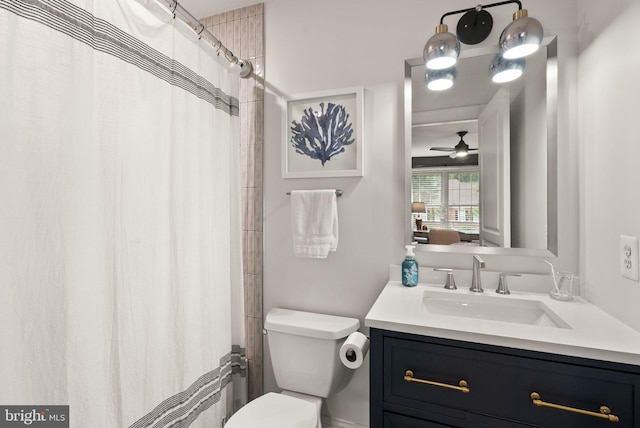 12019 Wandabury Rd, Oakton, VA 22124 - full bath with vanity, toilet, a shower with curtain, and ceiling fan