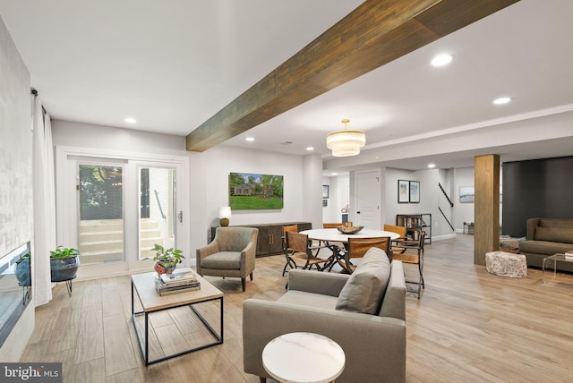 12019 Wandabury Rd, Oakton, VA 22124 - living area with light wood-style flooring, recessed lighting, beam ceiling, and stairs