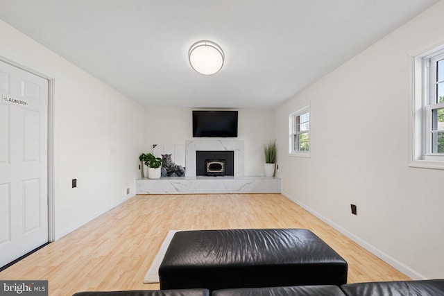 living room with a high end fireplace, baseboards, and wood finished floors