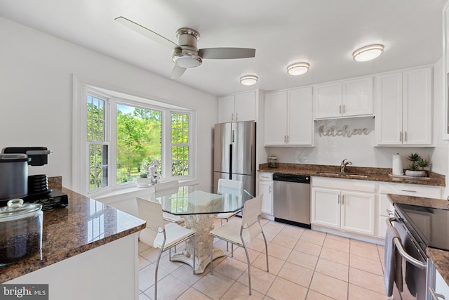 kitchen featuring a sink, appliances with stainless steel finishes, white cabinets, and a ceiling fan