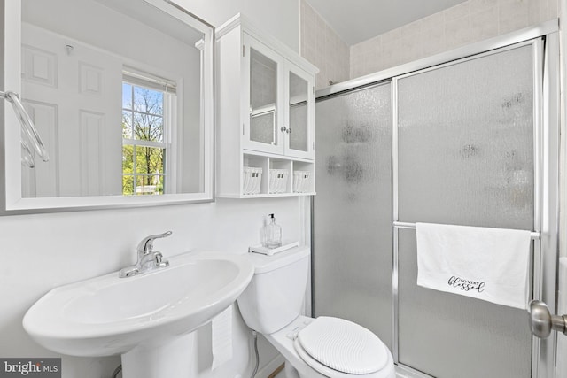 bathroom with toilet, a shower stall, and a sink