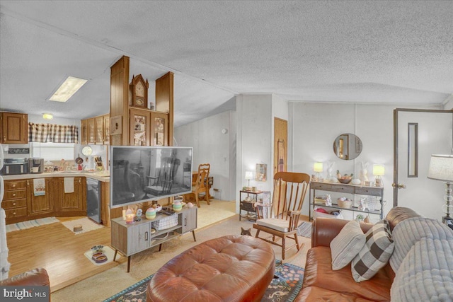 living room featuring a textured ceiling and vaulted ceiling