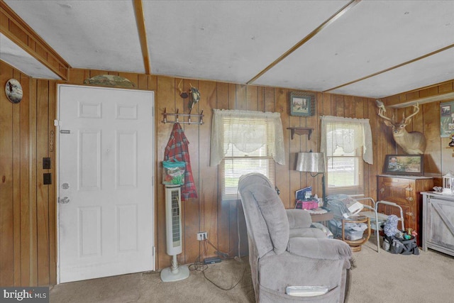 interior space featuring heating unit and wood walls