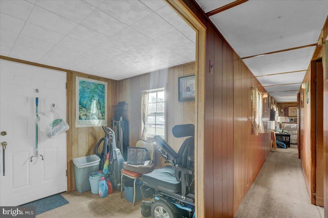 hall with wood walls