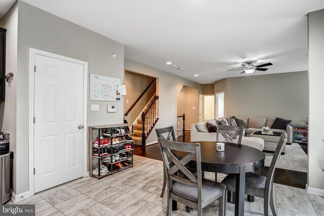 9506 Wilton Pl, Clinton, MD 20735 - dining room featuring ceiling fan, stairs, baseboards, and recessed lighting