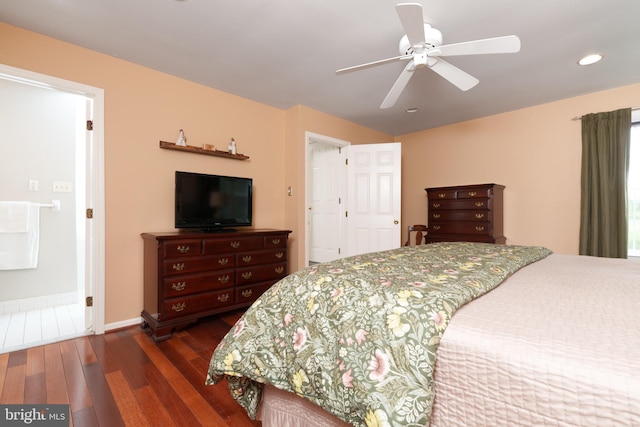 bedroom with baseboards, recessed lighting, a ceiling fan, and dark wood-type flooring