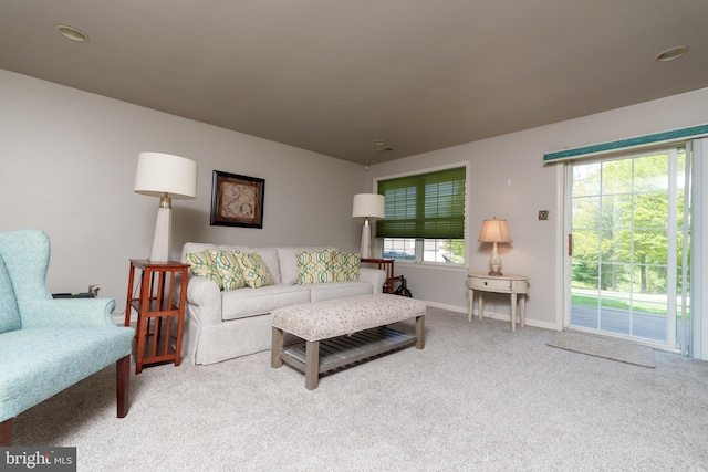 living area with baseboards and carpet flooring