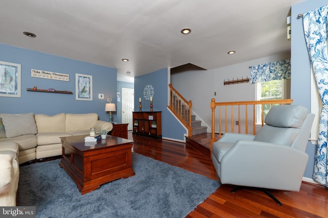 living room with stairway, recessed lighting, baseboards, and wood finished floors