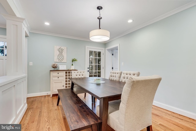 3207 19th St N, Arlington, VA 22201 - dining room featuring light wood-style flooring, baseboards, recessed lighting, ornamental molding, and ornate columns