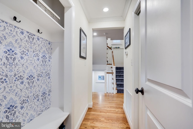 3207 19th St N, Arlington, VA 22201 - hallway featuring light wood finished floors, stairway, recessed lighting, and baseboards