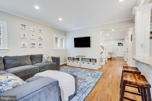 3207 19th St N, Arlington, VA 22201 - living room featuring ornamental molding, stairway, light wood-style floors, recessed lighting, and baseboards