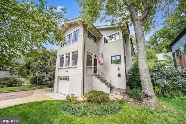 3207 19th St N, Arlington, VA 22201 - view of front facade with an attached garage, brick siding, driveway, and stairway