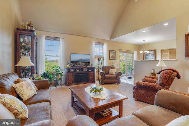 239 Abishire Way, Chambersburg, PA 17202 - living room with an inviting chandelier, light carpet, recessed lighting, and lofted ceiling
